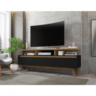 Manhattan Comfort Yonkers 70.86 TV Stand with Solid Wood Legs and 6 Media and Storage Compartments in Black and Cinnamon