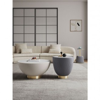 Manhattan Comfort Modern Anderson Coffee Table, End Table 1.0, and End Table 2.0 Upholstered in Cream and Grey Leatherette with Ceramic Faux Tabletop and Gold Metal Tabletop- Set of 3