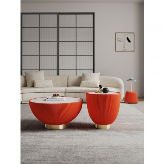 Manhattan Comfort Modern Anderson Coffee Table, End Table 1.0, and End Table 2.0 Upholstered in Orange Leatherette with Ceramic Faux Tabletop and Gold Metal Tabletop- Set of 3