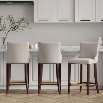 Manhattan Comfort Modern Shubert Barstool Upholstered In Light Grey Leatherette with Beech Wood Legs - Set of 3
