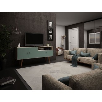 Manhattan Comfort Tribeca 53.94 Mid-Century Modern TV Stand with Solid Wood Legs in Off White and Green Mint