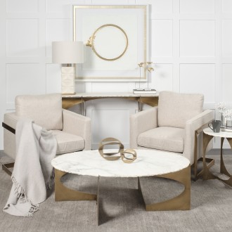 Mercana Reinhold 49" Round White Marble Top Gold Metal Base Coffee Table 