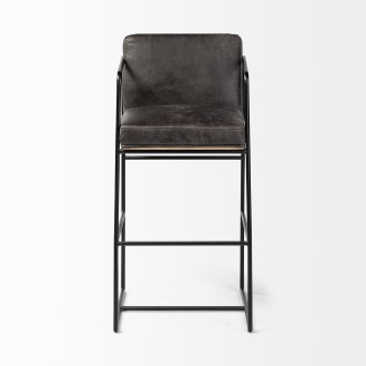 Mercana Stamford 40" Total Height Black Leather Seat With Wood Back, Metal Frame Bar Stool Front
