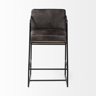 Mercana Stamford 36" Total Height Black Leather Seat With Wood Back, Metal Frame Counter Stool Fornt