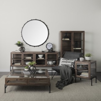 Mercana Arelius 36L x 18W x 63H Medium Brown Wood W/ Black Metal Base Display Cabinet 2
