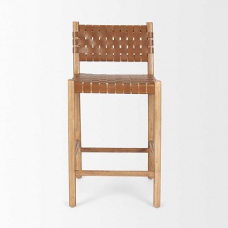 Mercana Shane Brown Wood With Woven Brown Leather Counter Stool Front