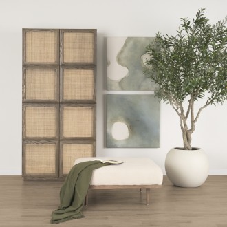 Mercana Sina Brown Oak Wood With Natural Rattan 2 Door Curio Cabinet