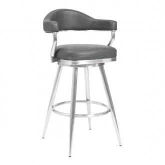 Armen Living Amador 30" Bar Height Barstool in Brushed Stainless Steel and Vintage Gray Faux Leather Front