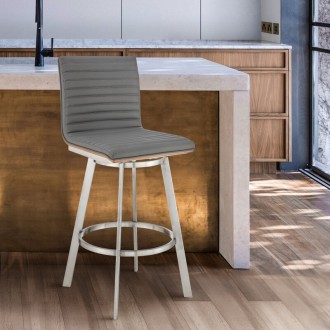 Armen Living Jermaine Swivel Bar Stool in Brushed Stainless Steel Finish and Gray Faux Leather Walnut Wood
