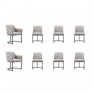 Manhattan Comfort Modern Serena 8 Piece Dining Set Upholstered in Leatherette with Steel Legs In Light Grey