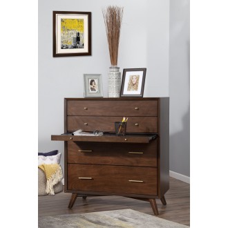 Alpine Furniture Flynn Mid Century Modern 4 Drawer Multifunction Chest w/ Pull Out Tray, Walnut - Lifestyle