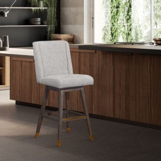 Armen Living Stancoste Swivel in Grey Oak Wood Finish with Mocha Fabric