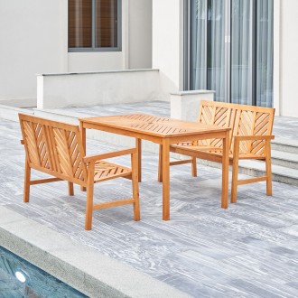 Vifah Olina Honey 3-Piece Fish Bone Eucalyptus Wooden Outdoor Dining Set, Side Angle