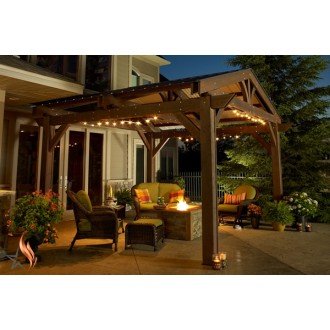 LODGE II - 14' x 14' Douglas Fir Lodge Structure in Mocha Finish  LIfestyle  1 - with Optional Metal Roof