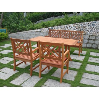 Vifah Modern Patio Outdoor Eucalyptus Wood Dining Set with Design Back Bench 2 Chairs and Patio Dining Table