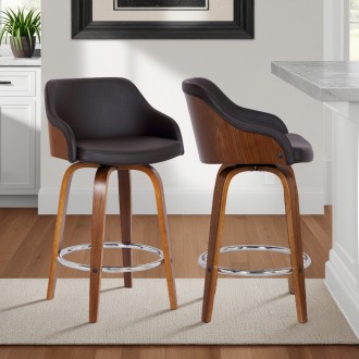 Armen Living Alec 26" Counter Height Swivel Brown Faux Leather and Walnut Wood Bar Stool 
