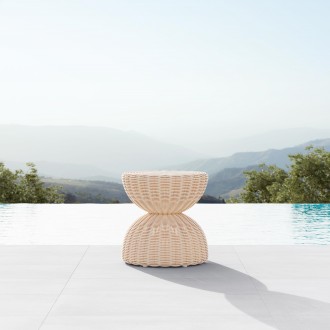 Azzurro Living Cabo Side Table With Natural Aluminum Frame And Almond And All-Weather Wicker - Lifestyle