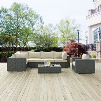 Modway Sojourn 7 Piece Outdoor Patio Sunbrella® Sectional Set - Canvas Beige - Lifestyle