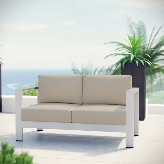 Modway Shore Outdoor Patio Aluminum Loveseat - Silver Beige - Lifestyle