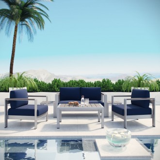 Modway Shore 6 Piece Outdoor Patio Aluminum Sectional Sofa Set in Silver Navy - Lifestyle