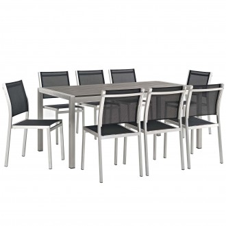 Modway Shore 9 Piece Outdoor Patio Aluminum Dining Set - Silver Black - Set in Front Side Angle