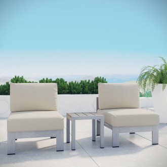 Modway Shore 3 Piece Outdoor Patio Aluminum Sectional Sofa Set - Silver Beige - Lifestyle