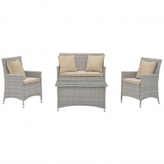Modway Bridge 4 Piece Outdoor Patio Patio Conversation Set with Pillow Set - Light Gray Beige - Set in Front Angle