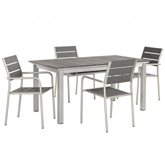 Modway Shore 5 Piece Outdoor Patio Aluminum Dining Set - Silver Gray - Set in Front Side Angle