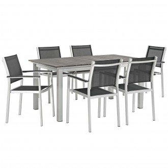 Modway Shore 7 Piece Outdoor Patio Aluminum Dining Set - Silver Black - Set in Front Side Angle