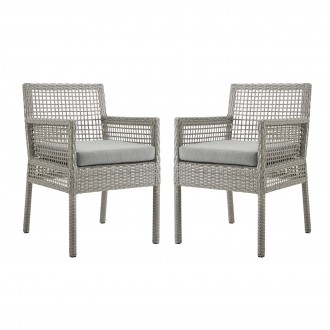 Modway Aura Dining Armchair Outdoor Patio Wicker Rattan in Gray Gray - Set of Two - Set in Front Side Angle