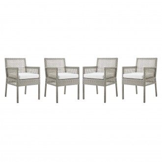 Modway Aura Dining Armchair Outdoor Patio Wicker Rattan in Gray White - Set of Four - Set in Front Angle