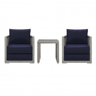 Modway Aura 3 Piece Outdoor Patio Wicker Rattan Set in Gray Navy - Set in Front Angle
