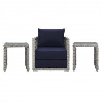 Modway Aura 3 Piece Outdoor Patio Wicker Rattan Set in Gray Navy - Set in Front Angle