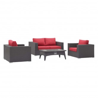 Modway Convene 4 Piece Set Outdoor Patio with Fire Pit - Espresso Red - Set in Front Side Angle