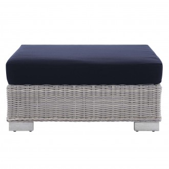 Modway Conway Sunbrella® Outdoor Patio Wicker Rattan Ottoman in Light Gray Navy - Front Angle