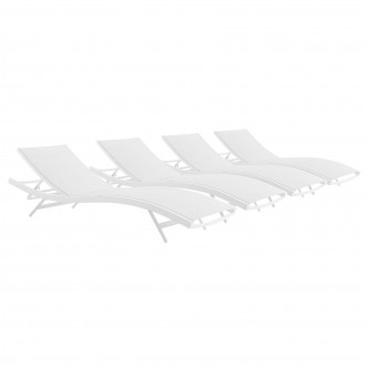 Modway Glimpse Outdoor Patio Mesh Chaise Lounge in White White - Set of Four - Set Reclined in Front Side Angle