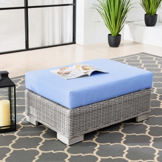 Modway Conway Outdoor Patio Wicker Rattan Ottoman in Light Gray Light Blue - Lifestyle