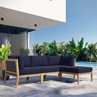 Modway Clearwater Outdoor Patio Teak Wood 4-Piece Sectional Sofa in Gray Navy - Lifestyle