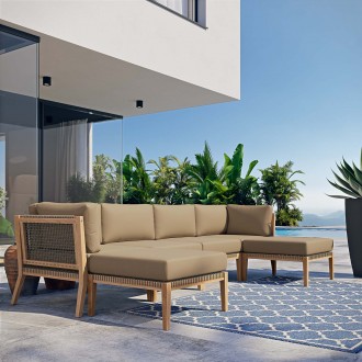 Modway Clearwater Outdoor Patio Teak Wood 6-Piece Sectional Sofa - Light Brown - Lifestyle