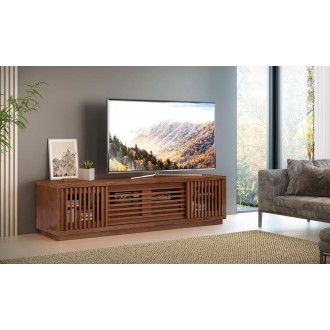 70" Contemporary Rustic TV Stand Media Console for Flat Screen and Audio Video Installations in American Red Oak with a Matte Cognac Finish - Lifestyle