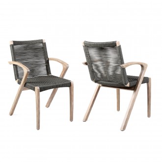 Brielle Outdoor Patio Eucalyptus Wood Dining Chairs in Dark Finish with Charcoal Rope - Set of 2