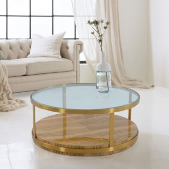Armen Living Hattie Glass Top Golden Coffee Table with Brushed Gold Legs