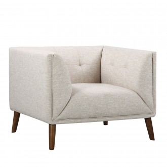 Armen Living Hudson Mid-Century Button-Tufted Chair in Beige Linen and Walnut Legs - Angled