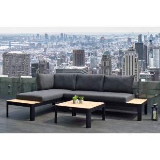 Armen Living Portals Outdoor Square Coffee Table in Black Finish with Natural Teak Wood Top Set View