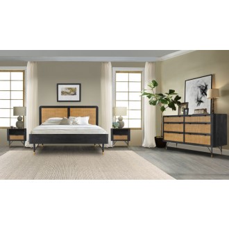 Armen Living Saratoga Nightstand in Black Acacia with Rattan