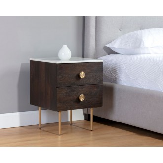Sunpan Keely Nightstand in White Marble-Dark Walnut - Lifestyle