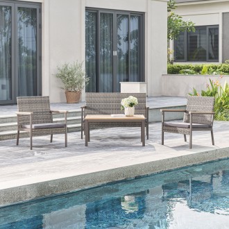Vifah Evelyn 4-Piece All-Weather Outdoor Resin Wicker Mixed Acacia Wood Lounge Sofa Set in Grey with Cushion, Lifestyle