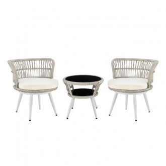 Manhattan Comfort Monaco Rope Wicker 3-Piece Patio Conversation Set with Cushions in Cream