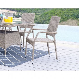 Manhattan Comfort Genoa 7-Piece Steel Rectangle Glass Top Outdoor Dining Table and 6 Armchairs without cushions in Nature Tan Weave
