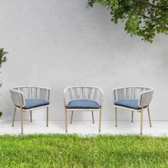 Outsy Melina Outdoor Wood, Aluminum and Rope Dining Chair In Milk and Coffee Legs - Top Angled Lifestyle